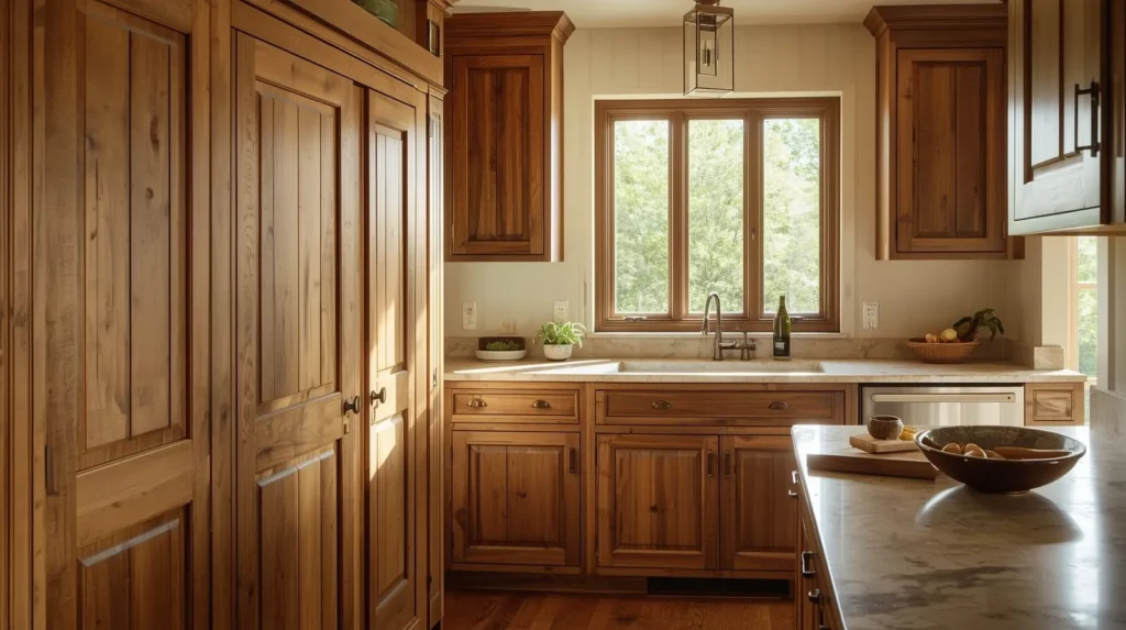classic farmhouse warmth with rustic wood cabinets
