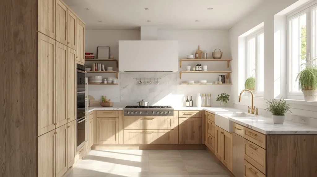 light filled spaces with medium rustic wood cabinets