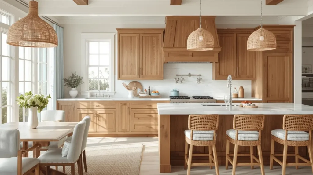 medium wood cabinets in a bright, airy coastal kitchen medium wood cabinets in a bright, airy coastal kitchen