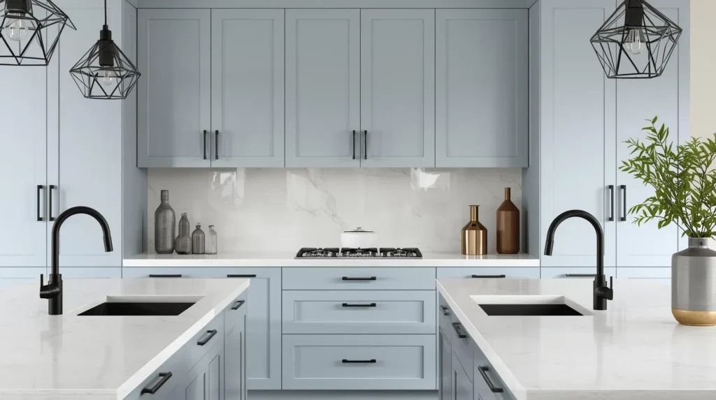 modern clean lines with pale blue cabinets modern clean lines with pale blue cabinets