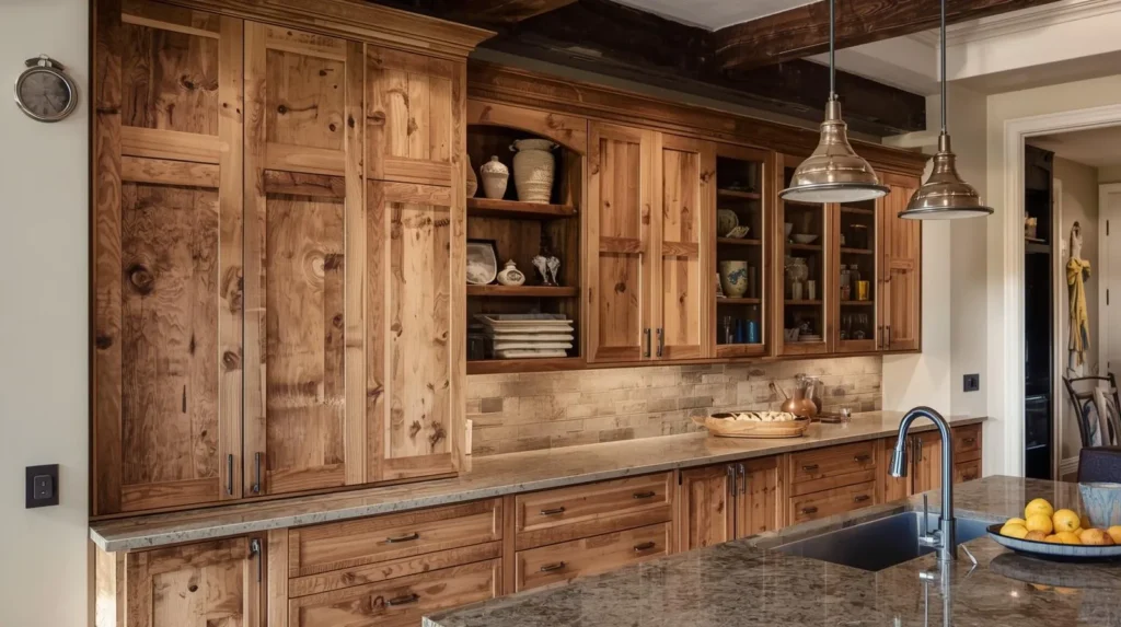 organic texture with knotty rustic wood cabinets