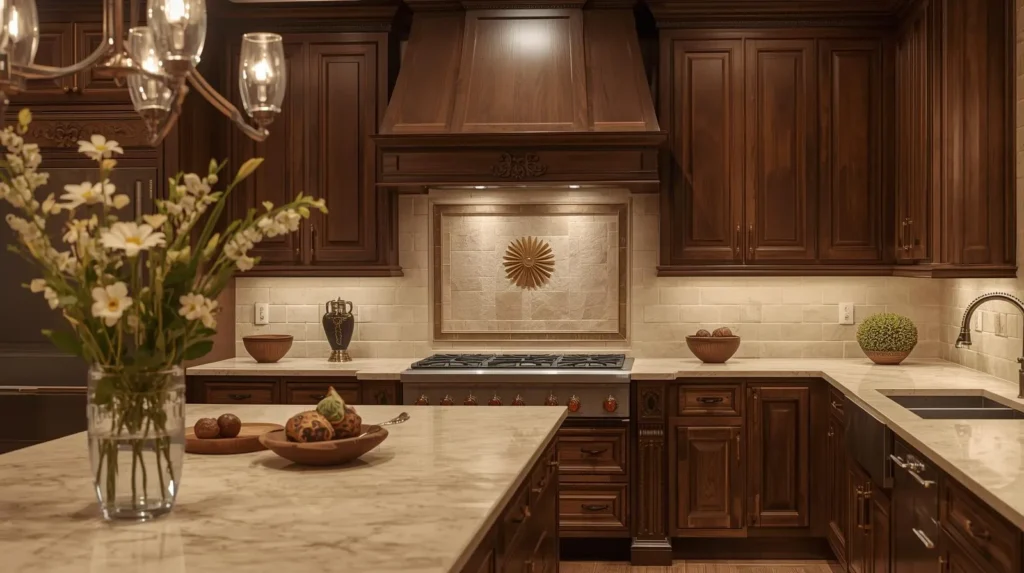 rustic elegance with dark stained wood cabinets