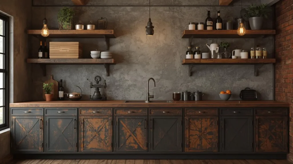 rustic industrial character with metal accents