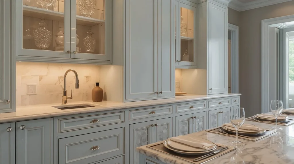 traditional refinement with pale blue cabinets traditional refinement with pale blue cabinets